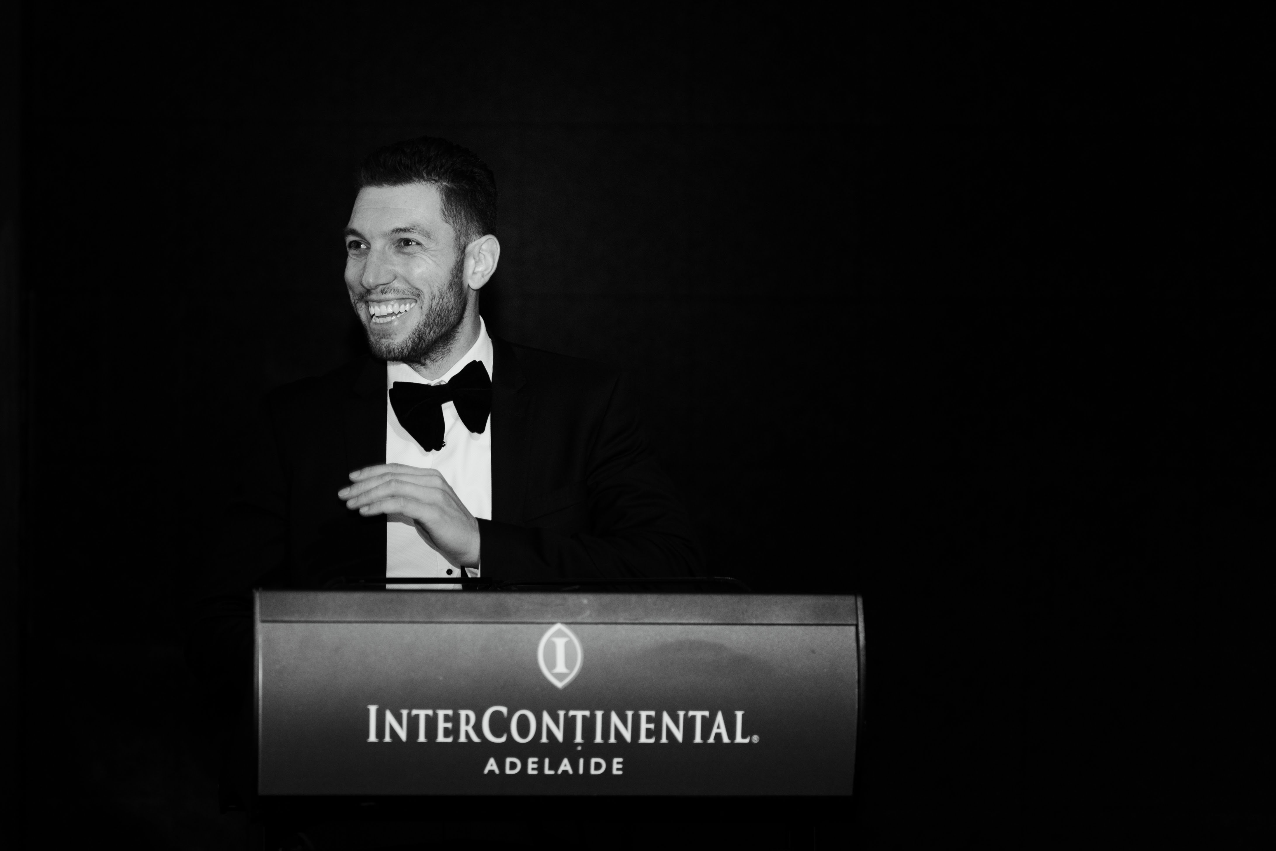 Mr. Wedding welcoming guests from the stage